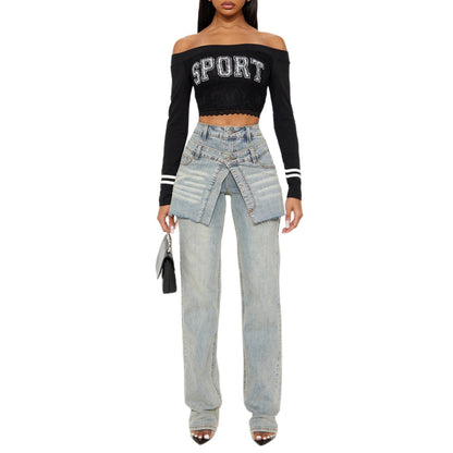 Ladies Chic Asymmetrical Design Denim Pants