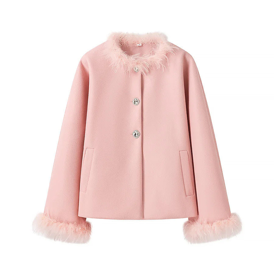 Dames élégante veste en laine avec col en peluche et poches pratiques Chic und Stil