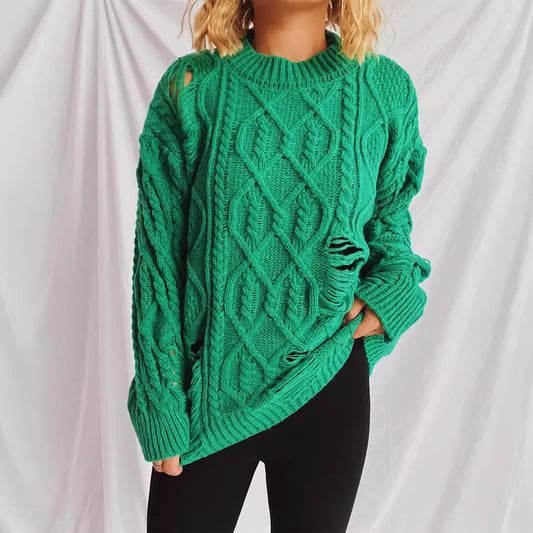 Pull en grosse maille pour femmes avec un motif de torsade unique et des détails effilochés Chic und Stil