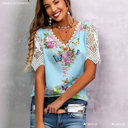 Blouse femme avec dentelle florale et imprimé papillon ludique Chic und Stil