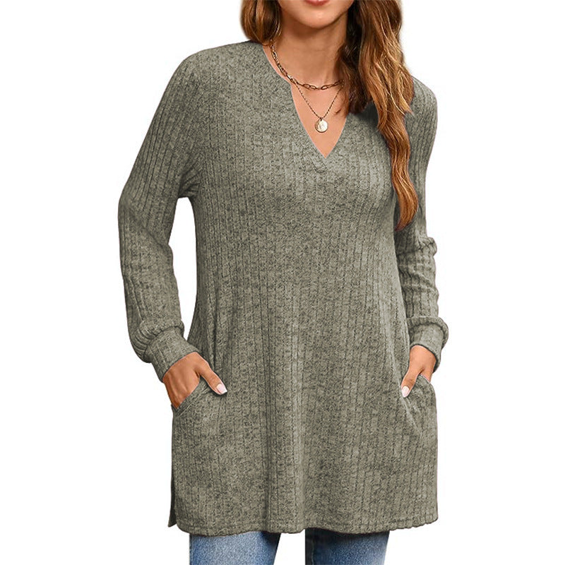 Pull tunique à col V côtelé pour femme Chic und Stil