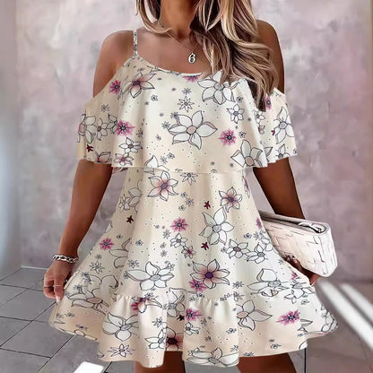 Dames Floral Off-Shoulder Volant Mini Robe Chic und Stil