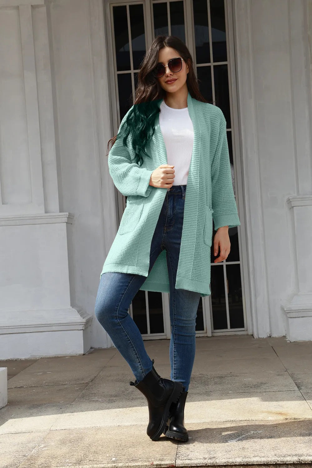 Cardigan en maille décontracté pour femmes avec poches ouvertes et motif gaufré moderne Chic und Stil