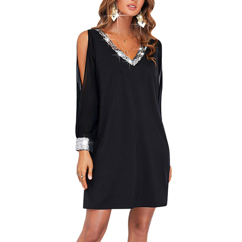Robe minime élégante pour femmes avec design sans épaules et manches scintillantes Chic und Stil