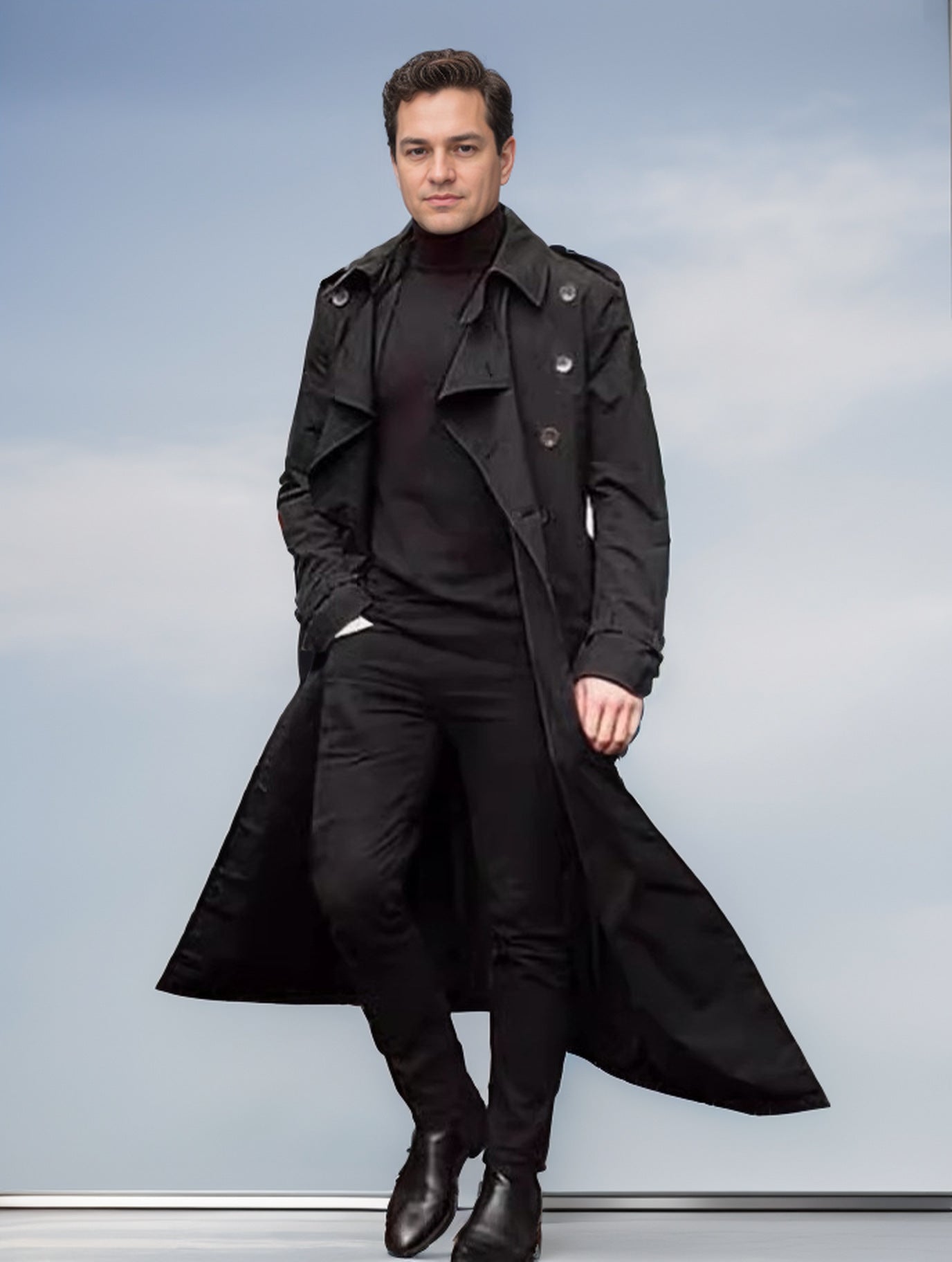 Long trench coat for men with a modern cut and practical pockets Chic and Style