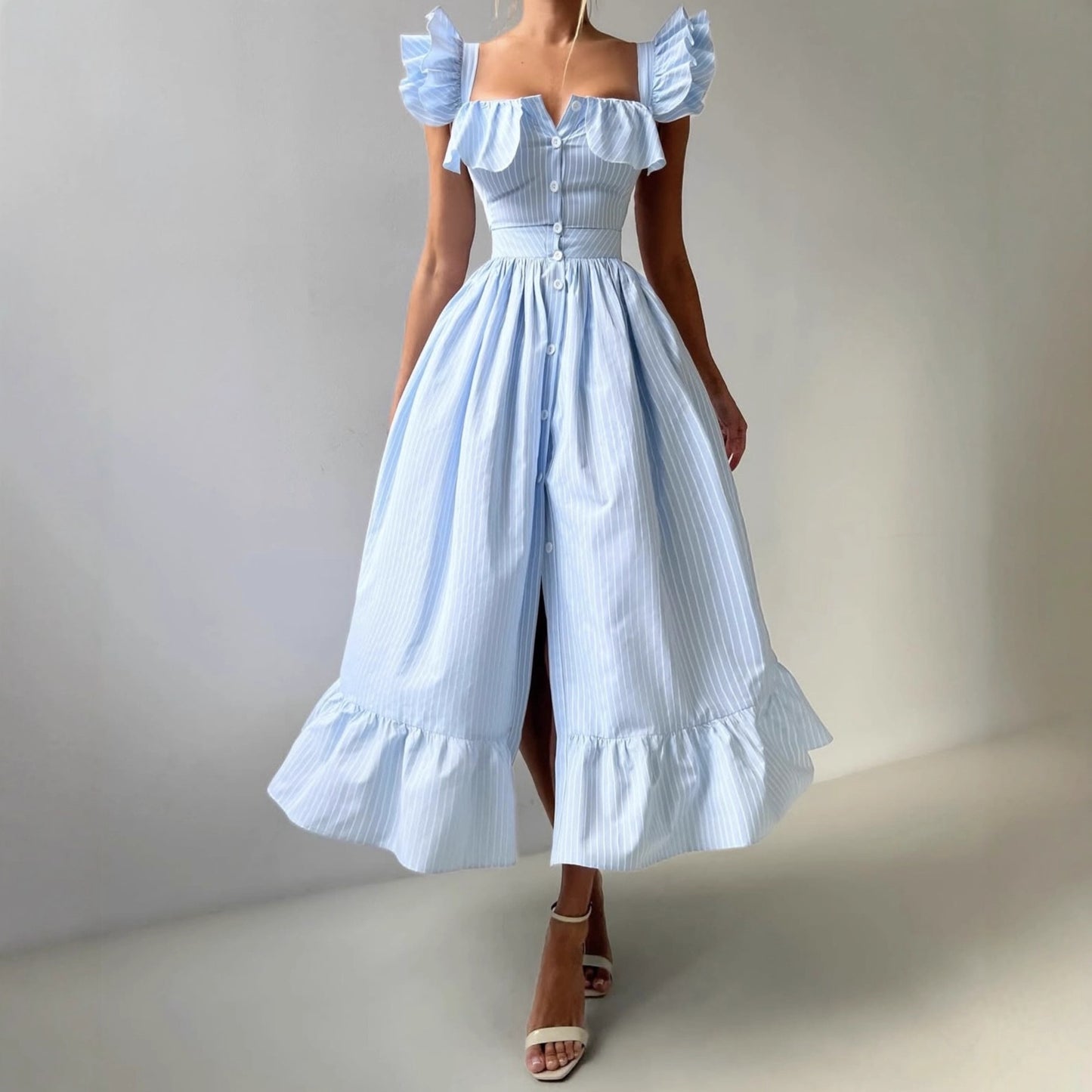 Robe d'été à volants pour femmes avec détails de boutons et jupe ample Chic und Stil