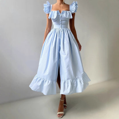 Robe d'été à volants pour femmes avec détails de boutons et jupe ample Chic und Stil
