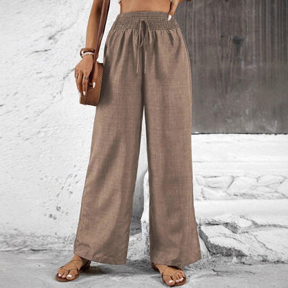 Wide linen pants for women with elastic waistband and side tie belt Chic and Style