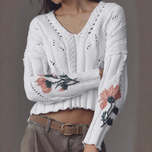 Pull en tricot pour femmes avec design floral et décolleté en V Chic und Stil