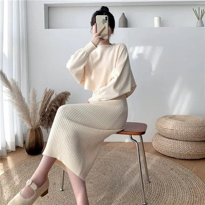 Robe tricot élégante pour femmes avec structure côtelée et manches volumineuses Chic und Stil