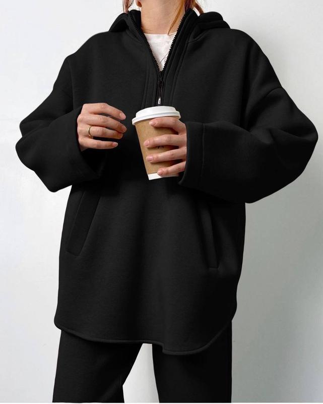 Dame oversized Fleece-Hoodie avec fermeture éclair latérale et pantalons larges Chic und Stil