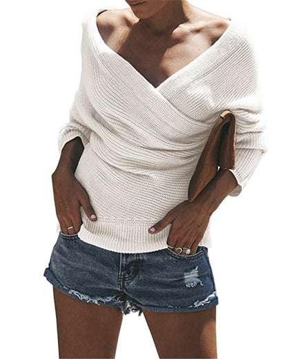 Dames pull en tricot décontracté avec décolleté en V profond et coupe oversize Chic und Stil