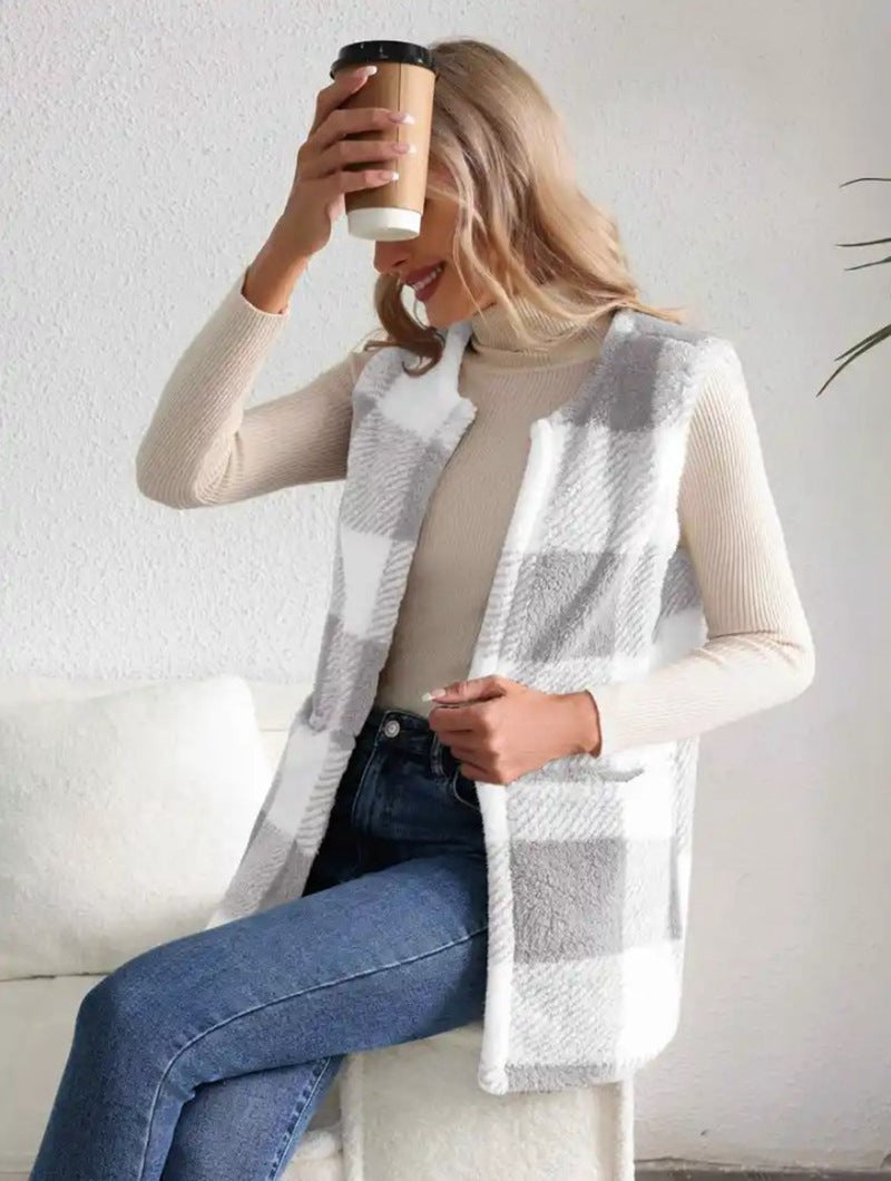 Dames gilet doux avec poches latérales et motif écossais moderne Chic und Stil