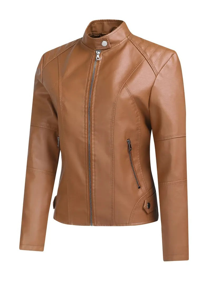 Biker leather jacket for women with asymmetric zipper and modern stand collar Chic and Style