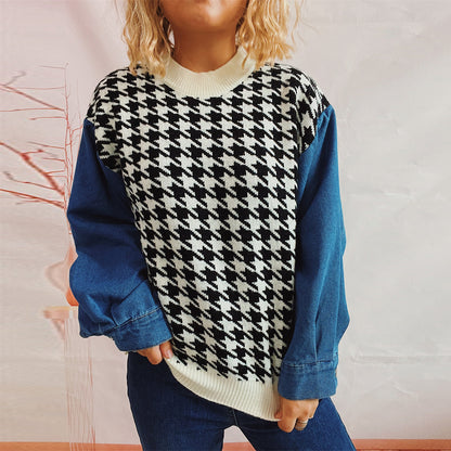Pull en tricot pour femmes au motif pied-de-poule moderne avec des manches en denim décontractées Chic und Stil