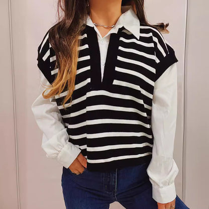 Pull polo décontracté pour femmes avec design rayé et manches bouffantes légères Chic und Stil