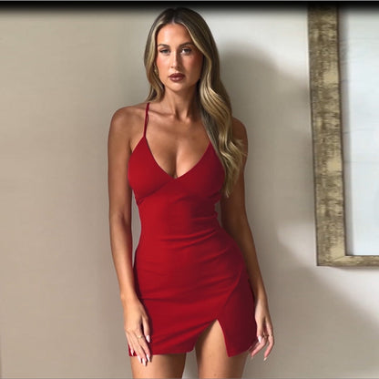 Robe mini à bretelles spaghetti stylée pour dames avec fente latérale Chic und Stil