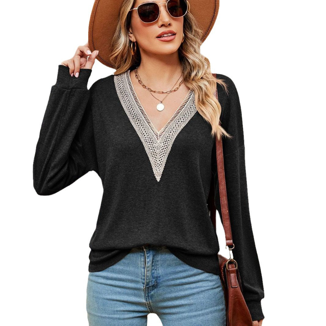 Pull femme à encolure en V avec accents en dentelle et coupe décontractée Chic und Stil
