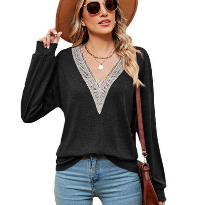 Pull femme à encolure en V avec accents en dentelle et coupe décontractée Chic und Stil