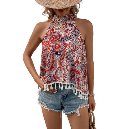Top boho à franges avec décolleté en halter pour dames imprimé Chic und Stil