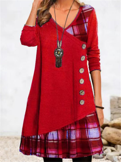 Robe décontractée asymétrique pour femmes avec ourlet à carreaux et détail de bouton Chic und Stil