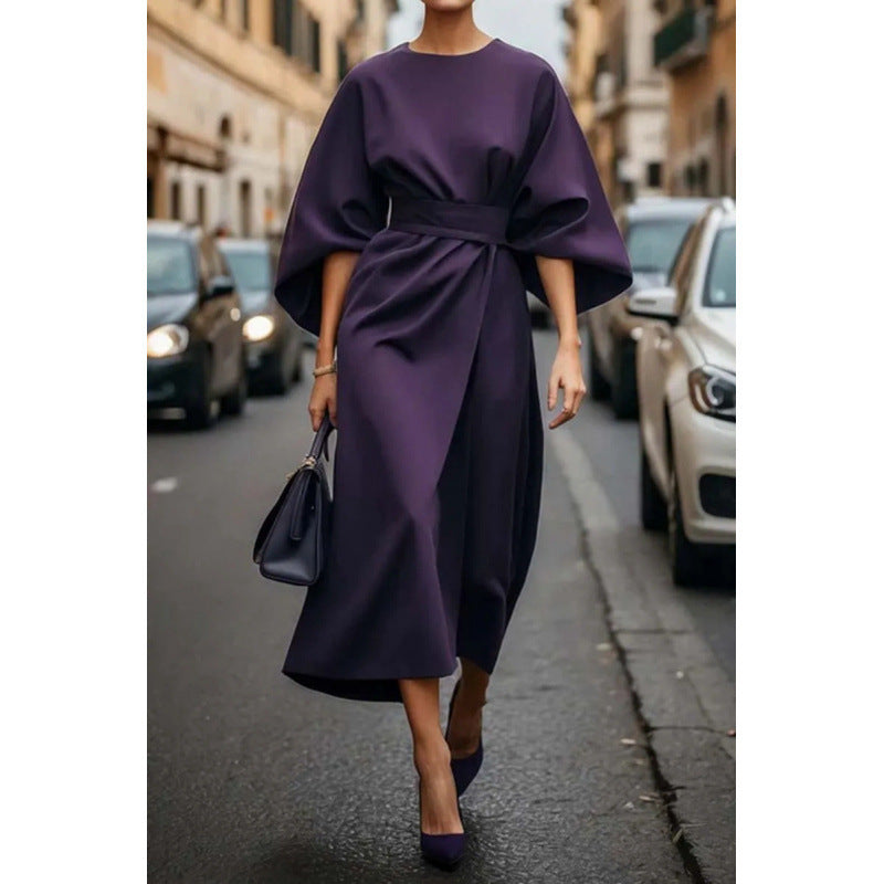 Dames Élégante Robe Maxi avec Manches Amples et Ceinture Cintrée Chic und Stil