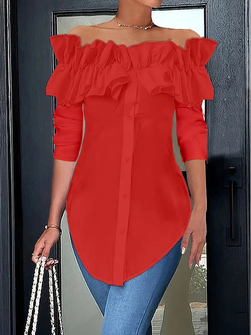 Chemisier femme épaules nues avec volants et patte de boutonnage Chic und Stil