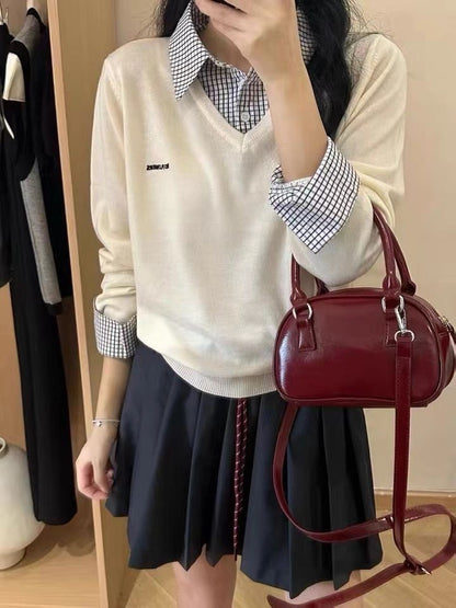 Pull V décontracté pour dames avec col chemise et design original Chic und Stil