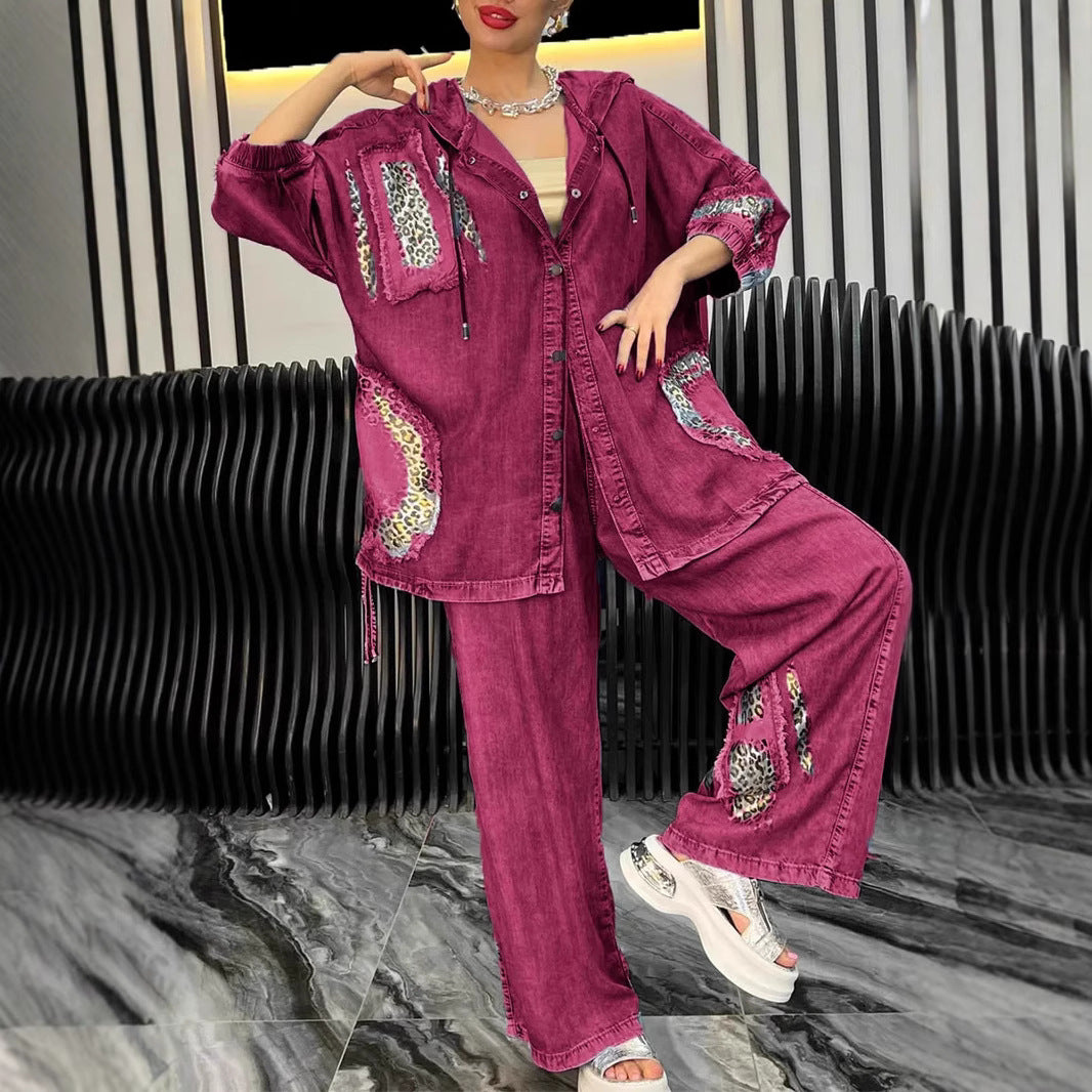 Fashionable women's jacket and pants set with chic animal print details