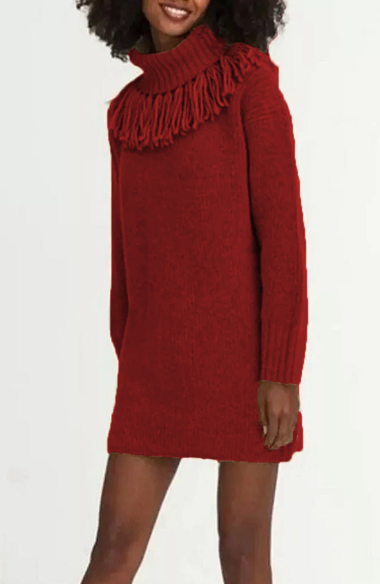 Robe tricot pour femmes avec col à franges et manches côtelées Chic und Stil
