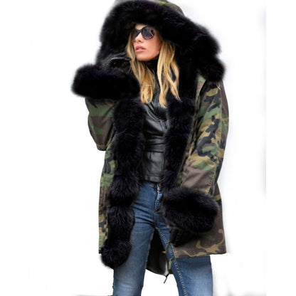Dames camouflage manteau d'hiver avec col en fausse fourrure XXL et sangles amovibles Chic und Still