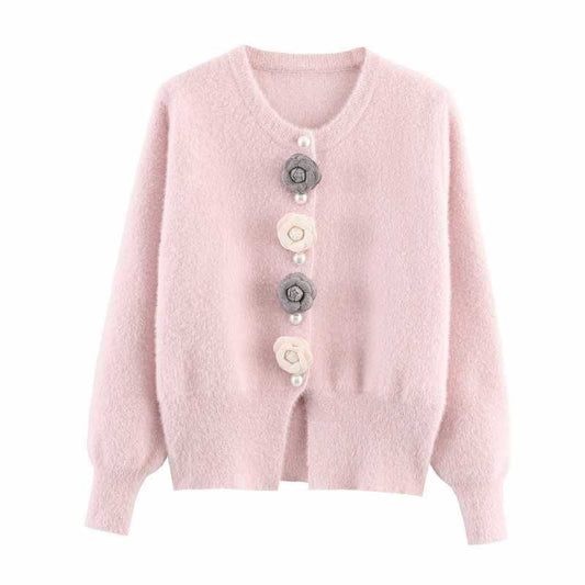 Dames gilet douillet en tricot avec détails de boutons floraux Chic und Stil