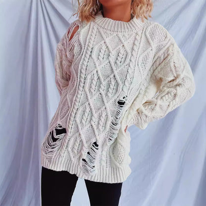 Pull en grosse maille pour femmes avec un motif de torsade unique et des détails effilochés Chic und Stil