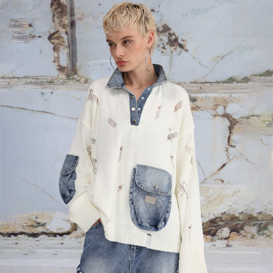 Dames Urban Oversized Pull avec Détails en Denim Chic und Stil