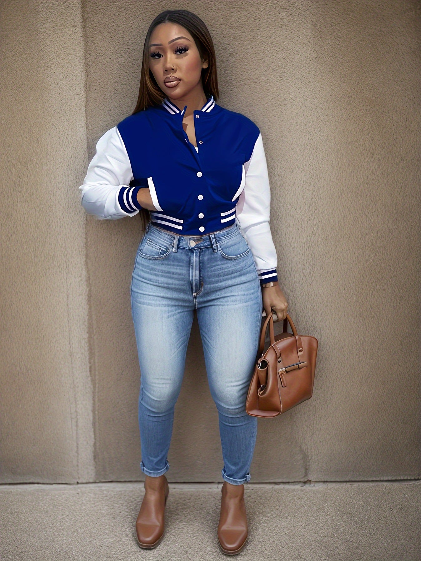 Women's college jacket with contrasting sleeves and a structured collar Chic and Style