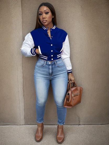 Women's college jacket with contrasting sleeves and a structured collar Chic and Style