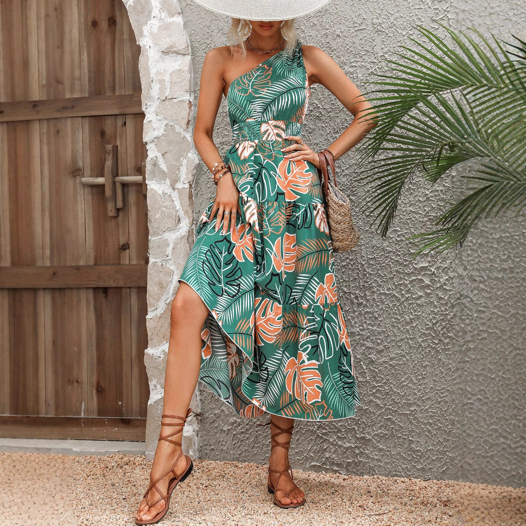 Robe maxi pour femme avec coupe asymétrique et motif tropical Chic und Stil