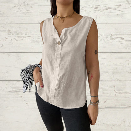 Dames blouse légère en lin sans manches avec détails de boutons Chic und Stil