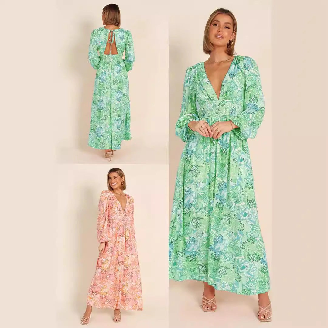 Robe d'été à motifs floraux pour femmes avec décolleté en V profond et manches bouffantes Chic und Stil