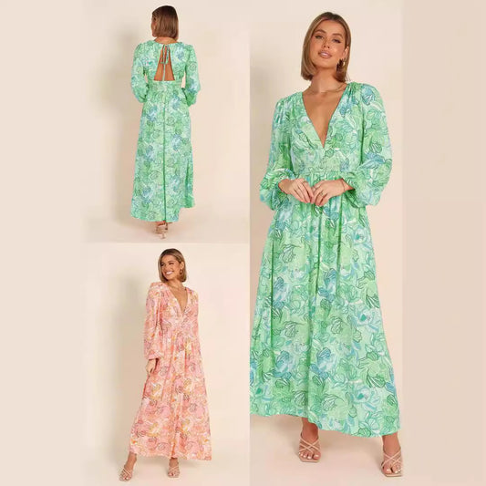 Robe d'été à motifs floraux pour femmes avec décolleté en V profond et manches bouffantes Chic und Stil