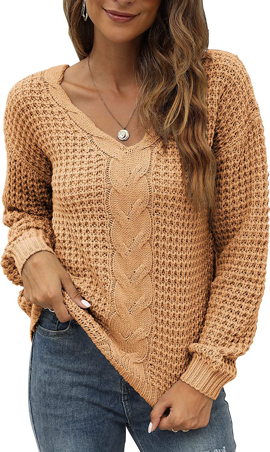 Pull-over en tricot décontracté pour femmes avec décolleté en V plongeant et motif de torsades détaillé Chic und Stil