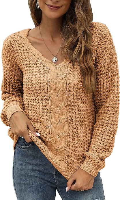 Pull-over en tricot décontracté pour femmes avec décolleté en V plongeant et motif de torsades détaillé Chic und Stil