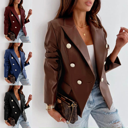 Blazer élégant en simili cuir pour femmes avec double rangée de boutons Chic und Stil