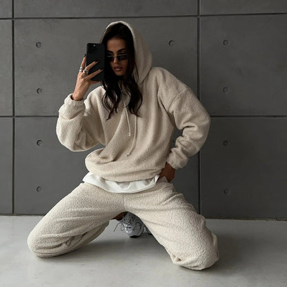 Ladies Comfortable Fleece Hoodie with Wide Pants Chic and Style