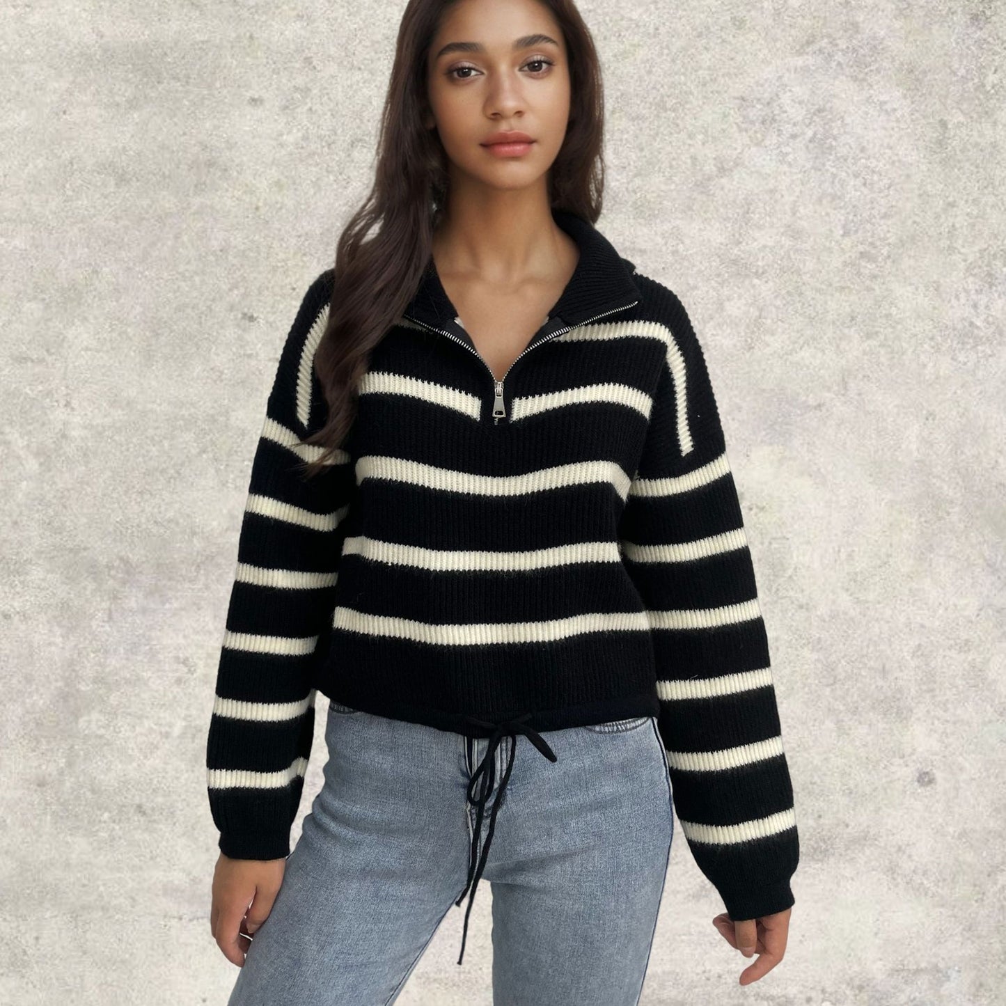 Pull femme en tricot avec col montant et cordon de serrage Chic und Stil