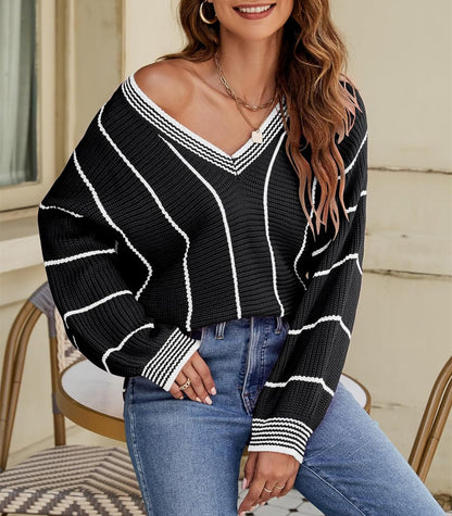 Pull femme décontracté à col en V avec motif rayé Chic und Stil