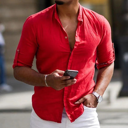 Chemise en lin pour hommes avec col montant moderne et patte de boutonnage décontractée Chic und Stil