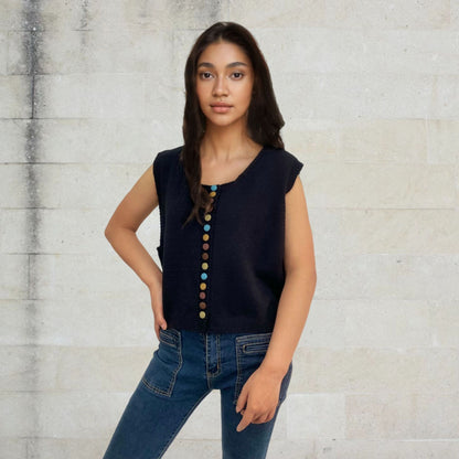Ladies sleeveless knit vest with decorative buttons Chic and Style