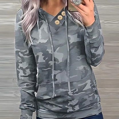 Pull à capuche décontracté pour femmes avec détails de boutons et motif camouflage moderne Chic und Stil