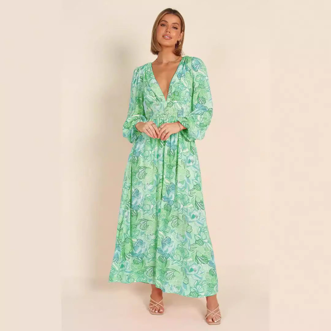 Robe d'été à motifs floraux pour femmes avec décolleté en V profond et manches bouffantes Chic und Stil